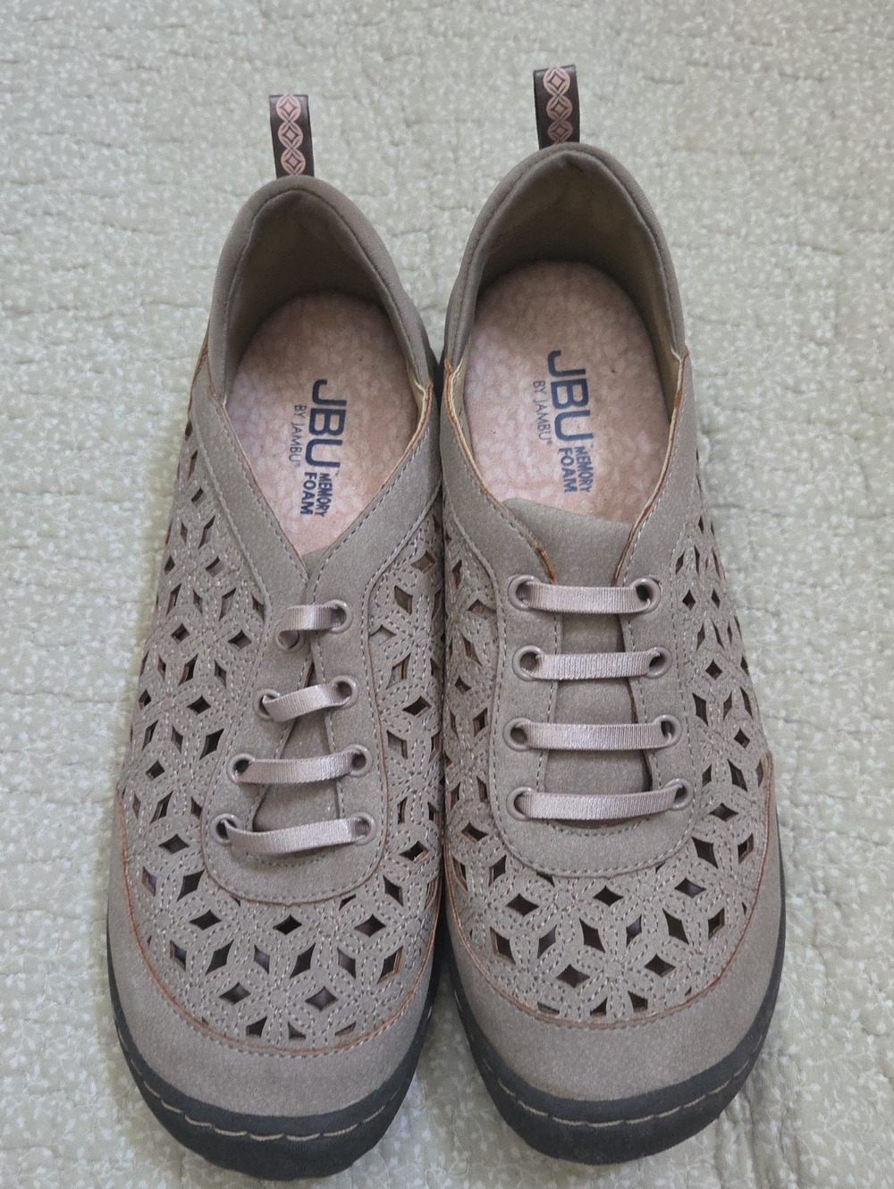 JBU Women's Taupe Laser-Cut Slip-On Moccasins